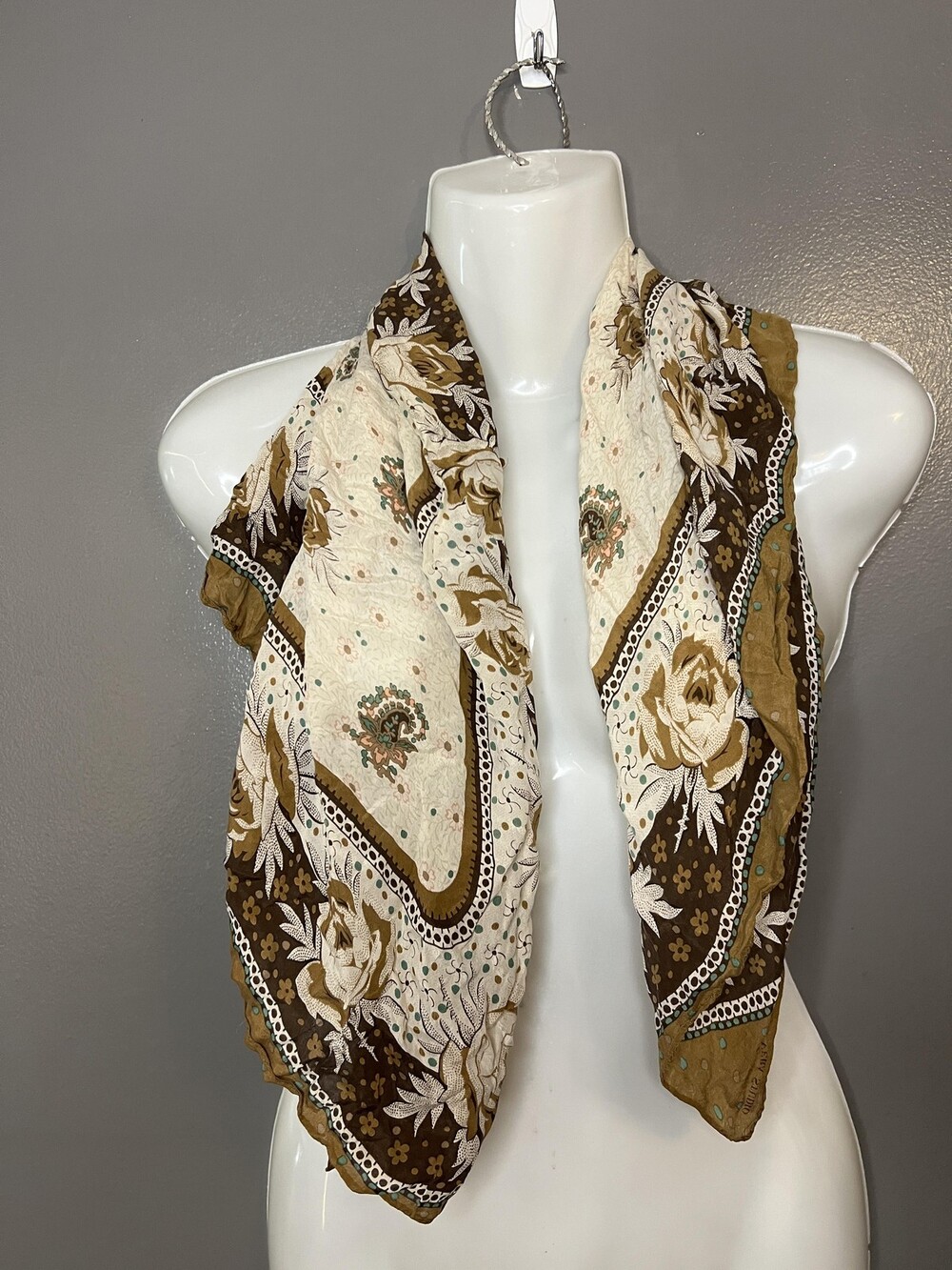Scarf Womens One Size Brown Cream Square Floral Print Lightweight Boho Bandana